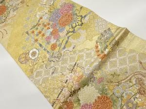 本金箔花車に鼓・扇・古典柄模様織出し袋帯